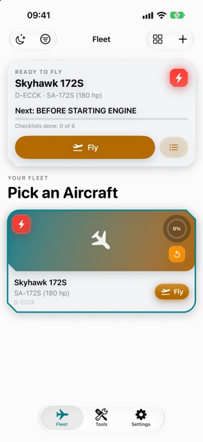 CockpitCheck fleet screen with the Ready to Fly card for the Skyhawk 172S: next checklist Before Starting Engine and a big Fly button