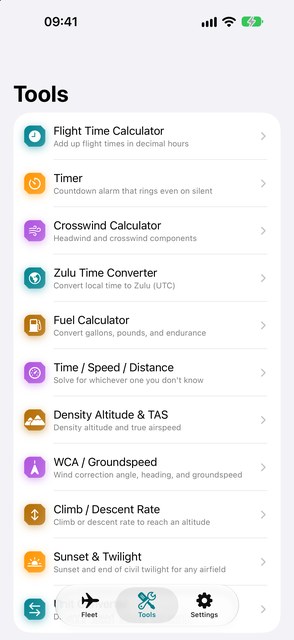 CockpitCheck Tools tab listing its offline calculators